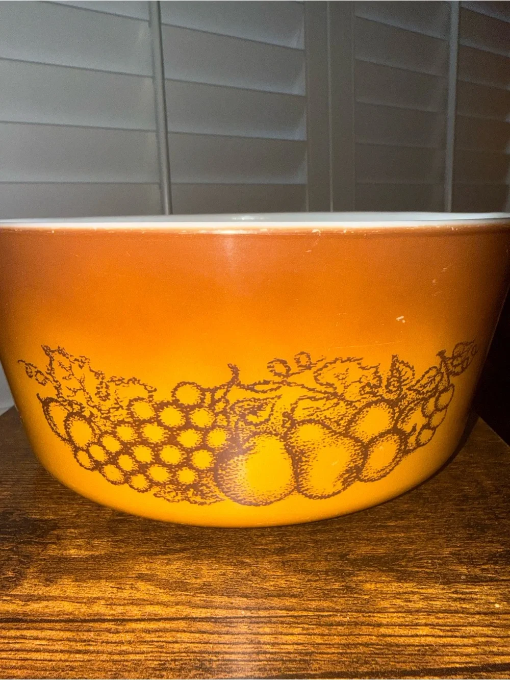 Vintage Pyrex Old Orchard Fruit Mixing Bowl with White Interior